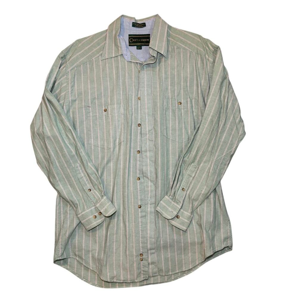Croft & Barrow Men's Green Striped 100% Cotton Dress Shirt Size 16 32/33